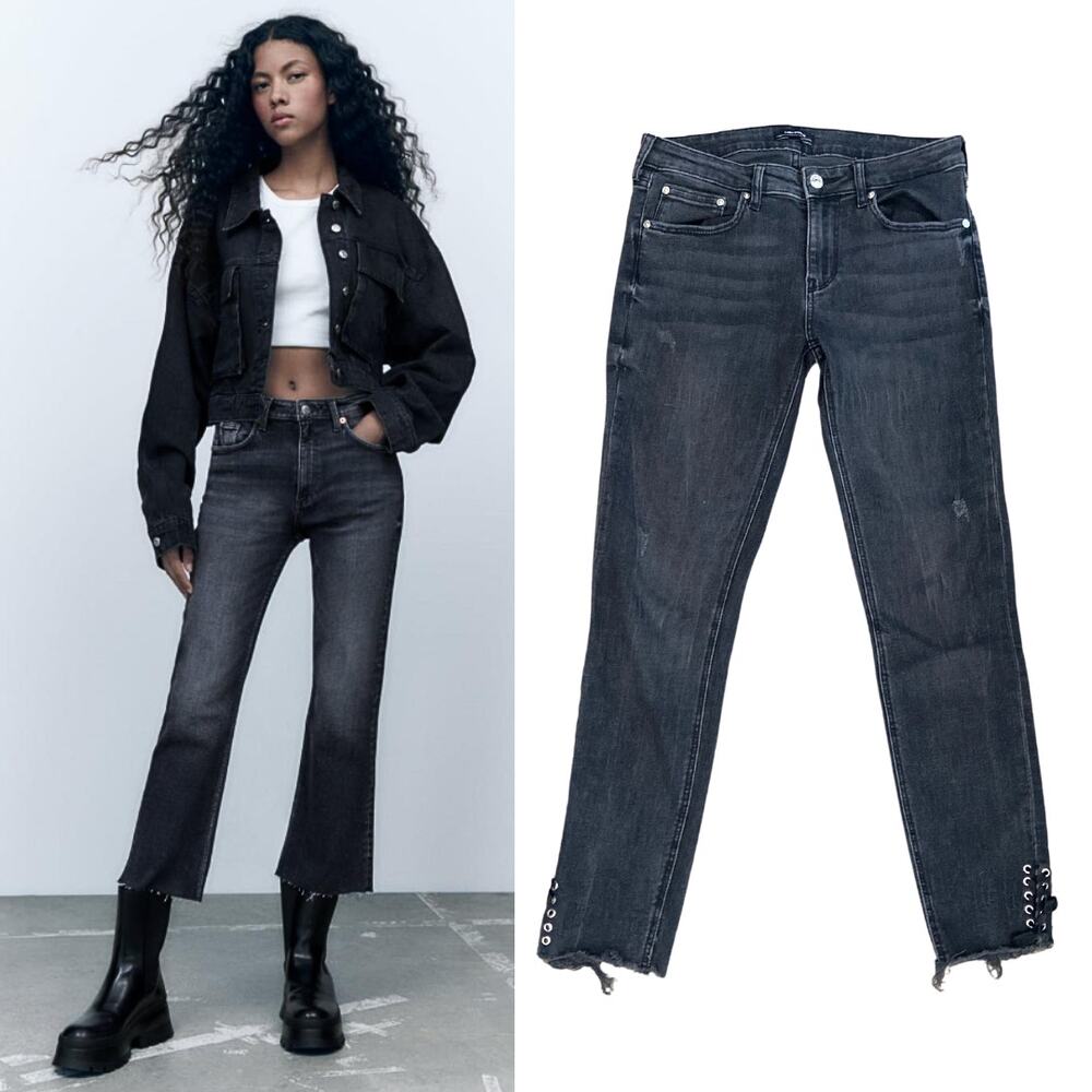 ZARA Mid Rise Lace Up Hem Fringe Whimsygoth Punk Ankle Jeans Dark Wash Denim 8